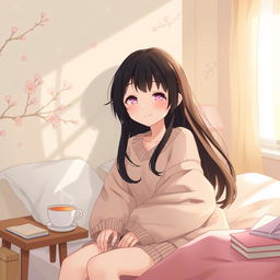 A charming Japanese girl waking up in the morning light, her long black hair slightly tousled and cascading over the pillow