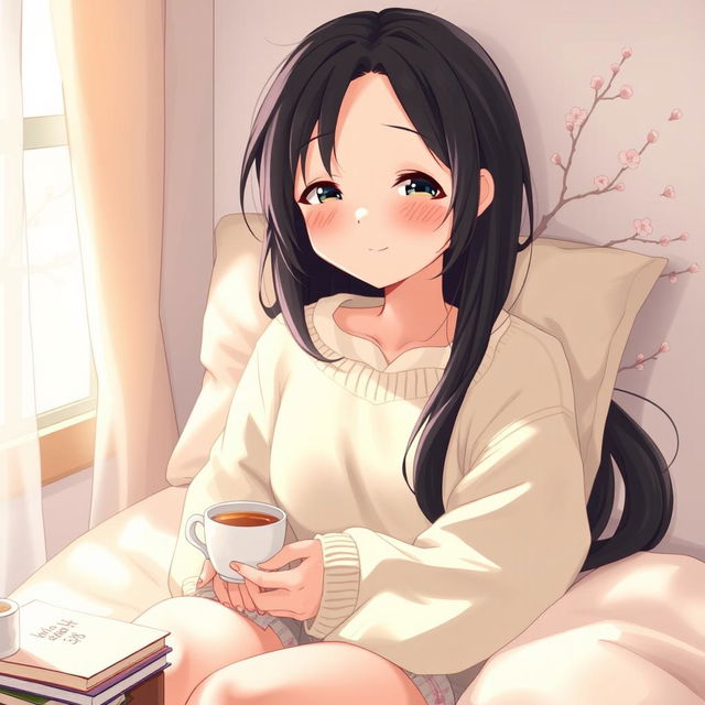 A charming Japanese girl waking up in the morning light, her long black hair slightly tousled and cascading over the pillow