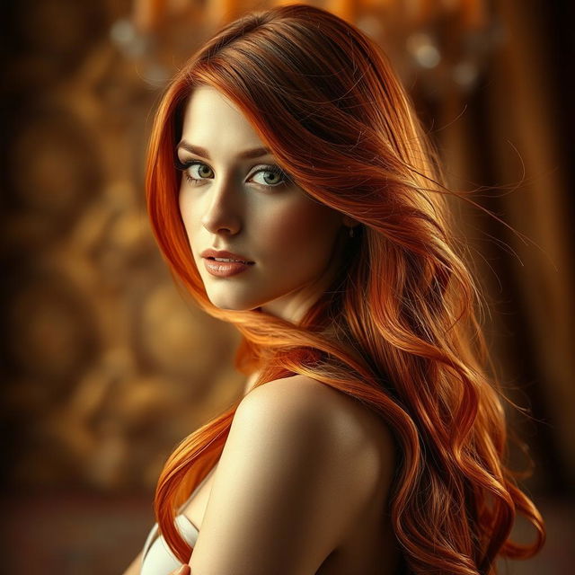 A breathtaking portrait of a stunning redhead with long, flowing hair, confidently showcasing her beauty