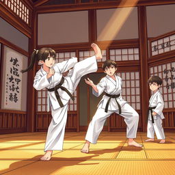 A dynamic scene from a karate story titled 'Garra de Dragón', featuring a traditional dojo setting