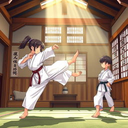 A dynamic scene from a karate story titled 'Garra de Dragón', featuring a traditional dojo setting