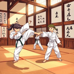 A dynamic scene from a karate story titled 'Garra de Dragón', featuring a traditional dojo setting