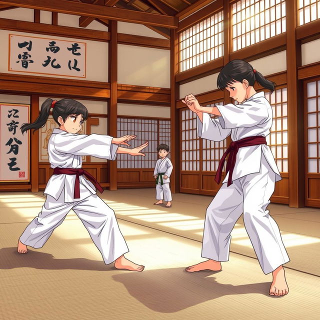 A dynamic scene from a karate story titled 'Garra de Dragón', featuring a traditional dojo setting