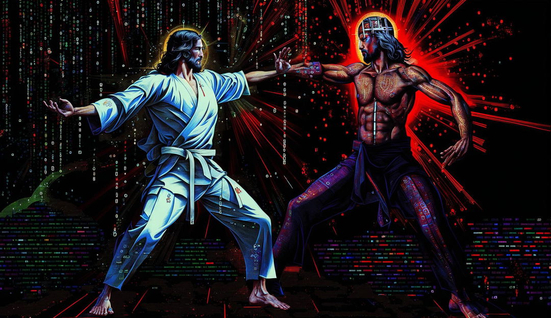 This digital art depicts Jesus Christ, in his traditional white robe, engaged in a kung fu battle with a figure representing Satan, amidst a backdrop of raining Matrix code