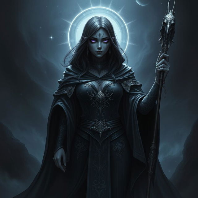 A powerful female Shadar-kai cleric, radiating an aura of mystique and strength, dedicated to the Raven Queen