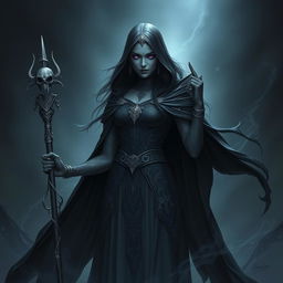 A powerful female Shadar-kai cleric, radiating an aura of mystique and strength, dedicated to the Raven Queen