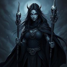 A powerful female Shadar-kai cleric, radiating an aura of mystique and strength, dedicated to the Raven Queen