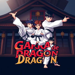 Logo design for a WattPad cover of a karate story titled 'Garra de Dragón', featuring a traditional dojo in the background