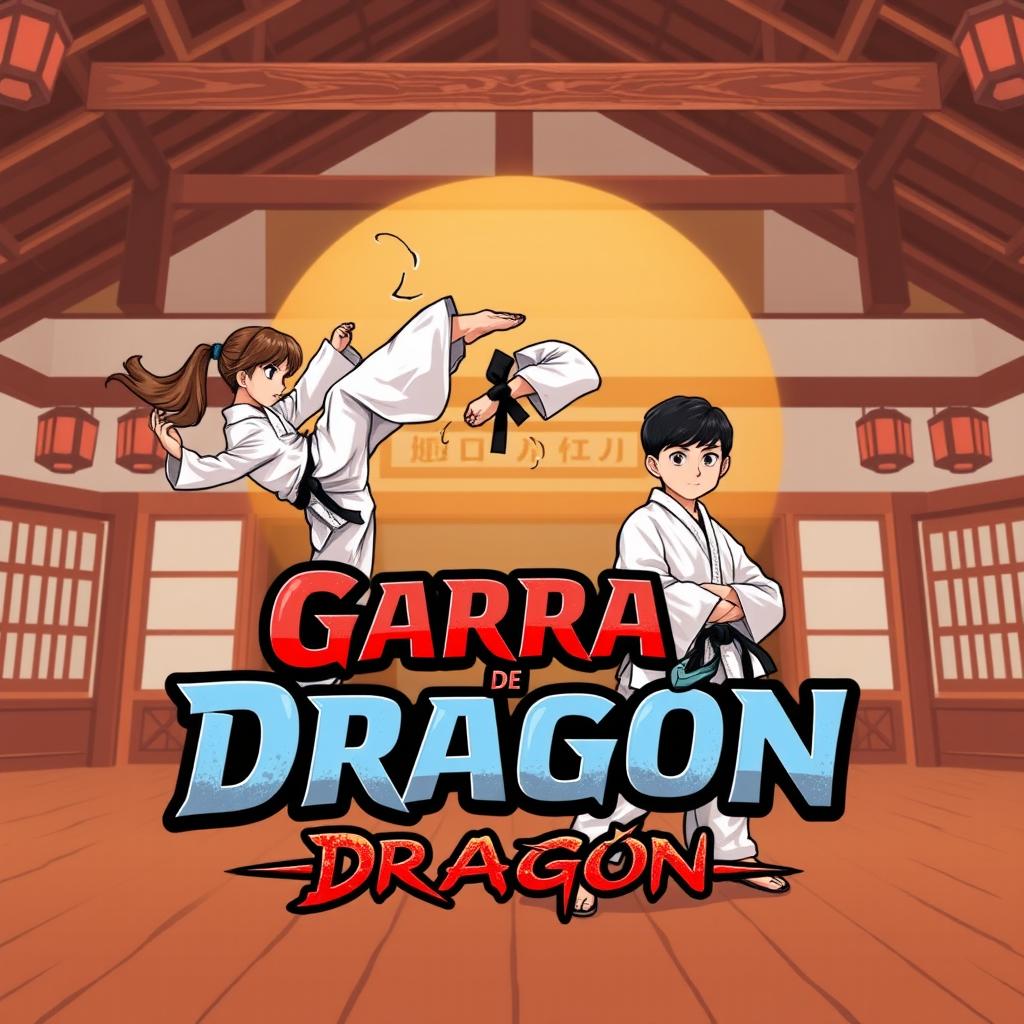 Logo design for a WattPad cover of a karate story titled 'Garra de Dragón', featuring a traditional dojo in the background