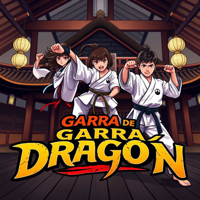 Logo design for a WattPad cover of a karate story titled 'Garra de Dragón', featuring a traditional dojo in the background