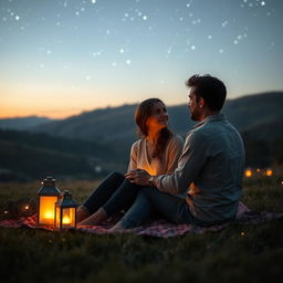A romantic scene depicting a couple sitting on a blanket under a starlit sky, surrounded by glowing lanterns and soft fairy lights
