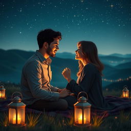 A romantic scene depicting a couple sitting on a blanket under a starlit sky, surrounded by glowing lanterns and soft fairy lights
