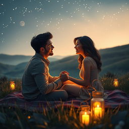 A romantic scene depicting a couple sitting on a blanket under a starlit sky, surrounded by glowing lanterns and soft fairy lights
