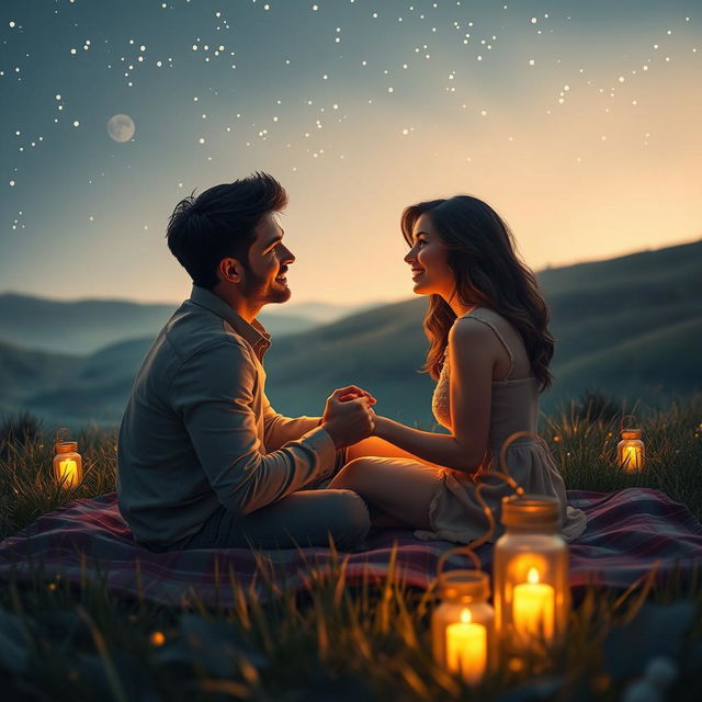 A romantic scene depicting a couple sitting on a blanket under a starlit sky, surrounded by glowing lanterns and soft fairy lights