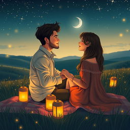 A romantic scene depicting a couple sitting on a blanket under a starlit sky, surrounded by glowing lanterns and soft fairy lights