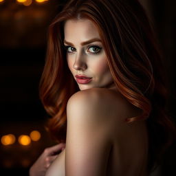 An intimate portrait of a gorgeous redhead, focusing on her striking features, beautiful curves, and seductive gaze, depicting a moment of alluring sensuality