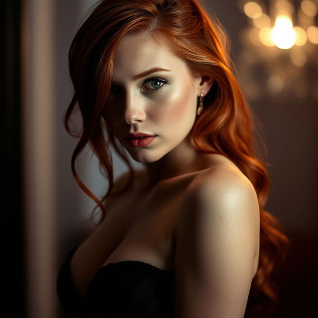 An intimate portrait of a gorgeous redhead, focusing on her striking features, beautiful curves, and seductive gaze, depicting a moment of alluring sensuality