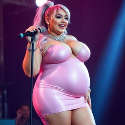 A beautiful, curvy young woman with a bottom-heavy pear-shaped figure, showcasing a tight rounded belly, fat thighs, and legs, dressed in a very short skin-tight shiny light pink skirt outfit with a side slit exposing one thigh