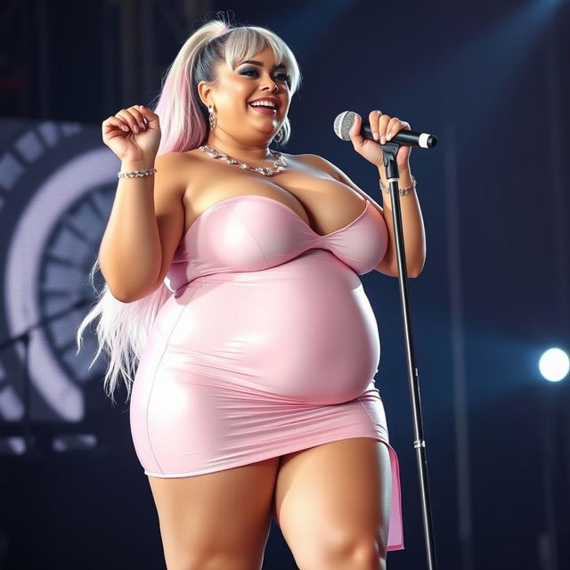 A beautiful, curvy young woman with a bottom-heavy pear-shaped figure, showcasing a tight rounded belly, fat thighs, and legs, dressed in a very short skin-tight shiny light pink skirt outfit with a side slit exposing one thigh