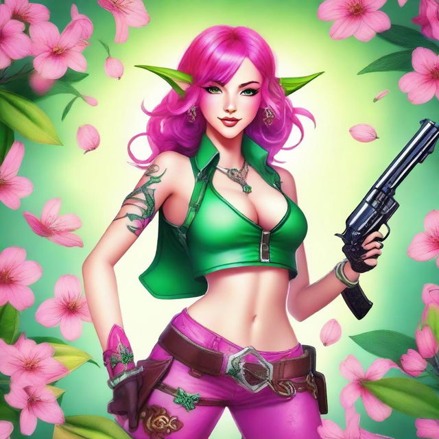 A high-quality digital art image of a young Spring Eladrin elf with vibrant pink hair and emerald green eyes