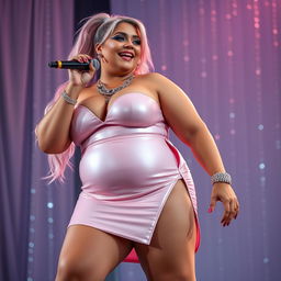 A beautiful, curvy young woman with a bottom-heavy pear-shaped figure, showcasing a tight rounded belly, fat thighs, and legs, dressed in a very short skin-tight shiny light pink skirt outfit with a side slit exposing one thigh