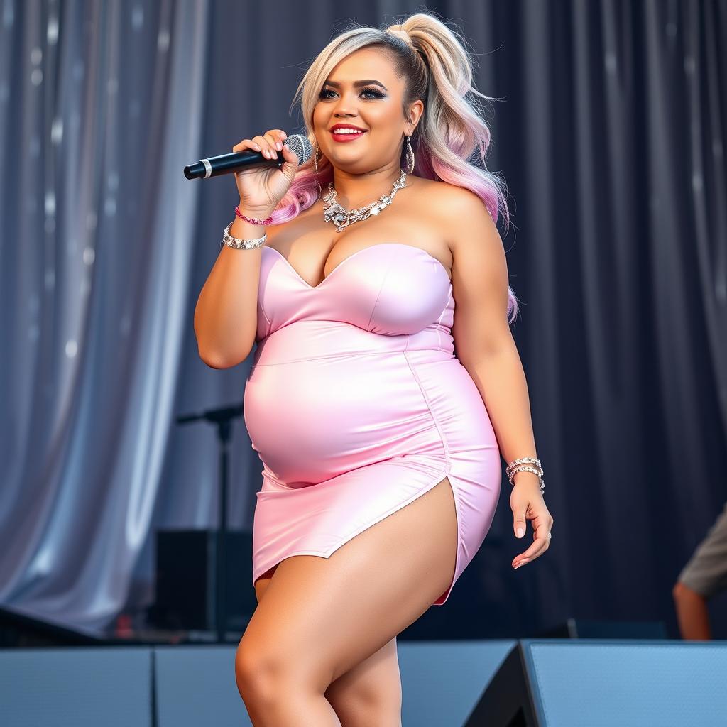 A beautiful, curvy young woman with a bottom-heavy pear-shaped figure, showcasing a tight rounded belly, fat thighs, and legs, dressed in a very short skin-tight shiny light pink skirt outfit with a side slit exposing one thigh