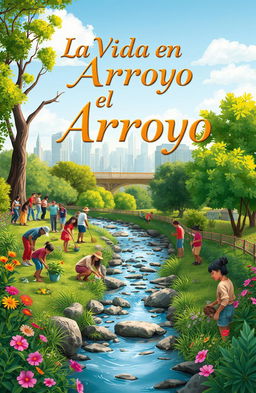 A captivating book cover for a story titled 'La Vida en el Arroyo', featuring a serene urban stream surrounded by lush greenery and vibrant flowers