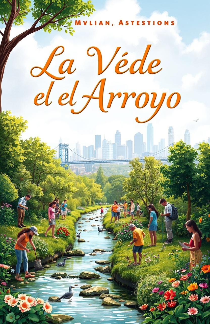 A captivating book cover for a story titled 'La Vida en el Arroyo', featuring a serene urban stream surrounded by lush greenery and vibrant flowers