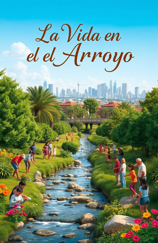 A captivating book cover for a story titled 'La Vida en el Arroyo', featuring a serene urban stream surrounded by lush greenery and vibrant flowers