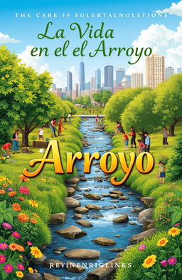 A captivating book cover for a story titled 'La Vida en el Arroyo', featuring a serene urban stream surrounded by lush greenery and vibrant flowers
