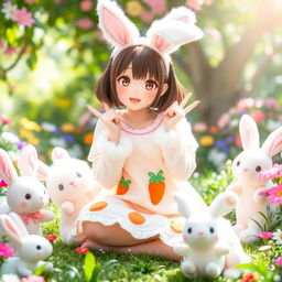 A charming and cute Japanese girl dressed in an adorable rabbit cosplay outfit, featuring fluffy white ears, a fluffy tail, and a pastel-colored dress with carrot motifs