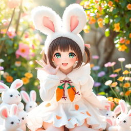 A charming and cute Japanese girl dressed in an adorable rabbit cosplay outfit, featuring fluffy white ears, a fluffy tail, and a pastel-colored dress with carrot motifs