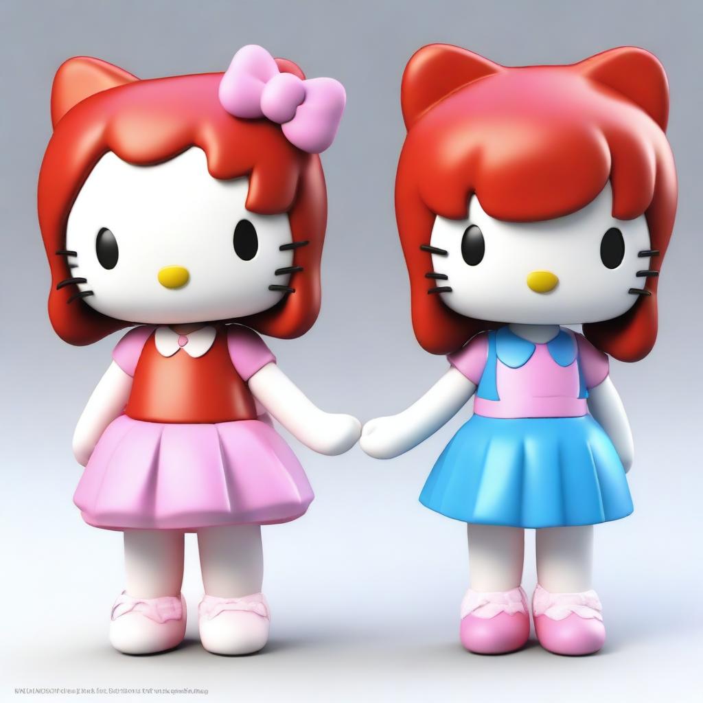 This is a high-quality 3D rendered image featuring a girl and boy Hello Kitty character holding hands