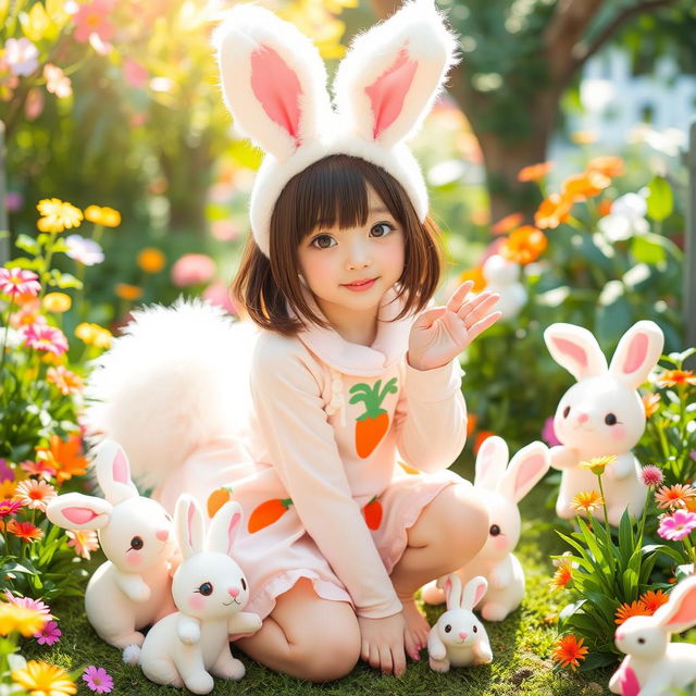 A charming and cute Japanese girl dressed in an adorable rabbit cosplay outfit, featuring fluffy white ears, a fluffy tail, and a pastel-colored dress with carrot motifs