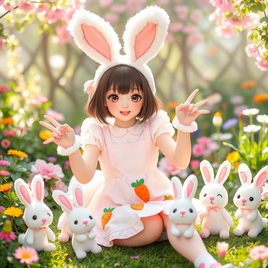 A charming and cute Japanese girl dressed in an adorable rabbit cosplay outfit, featuring fluffy white ears, a fluffy tail, and a pastel-colored dress with carrot motifs