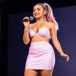 A full-length portrait of a stunning 17-year-old girl with a beautiful pear-shaped figure, emphasizing her tight rounded belly and voluptuous thighs