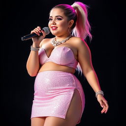 A full-length portrait of a stunning 17-year-old girl with a beautiful pear-shaped figure, emphasizing her tight rounded belly and voluptuous thighs