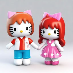 This is a high-quality 3D rendered image featuring a girl and boy Hello Kitty character holding hands