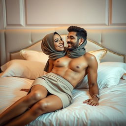 A 30-year-old woman wearing a hijab, lying on a bed in a luxurious bedroom setting