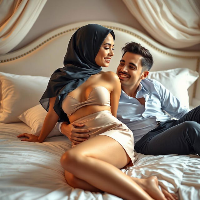 A 30-year-old woman wearing a hijab, lying on a bed in a luxurious bedroom setting