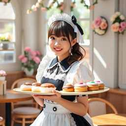 A charming and cute Japanese girl dressed in a delightful maid cosplay outfit, featuring a frilly black and white dress, lace accents, and a cute white apron