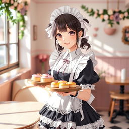 A charming and cute Japanese girl dressed in a delightful maid cosplay outfit, featuring a frilly black and white dress, lace accents, and a cute white apron