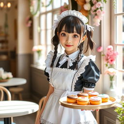 A charming and cute Japanese girl dressed in a delightful maid cosplay outfit, featuring a frilly black and white dress, lace accents, and a cute white apron