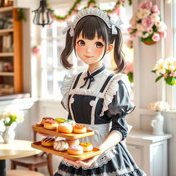 A charming and cute Japanese girl dressed in a delightful maid cosplay outfit, featuring a frilly black and white dress, lace accents, and a cute white apron