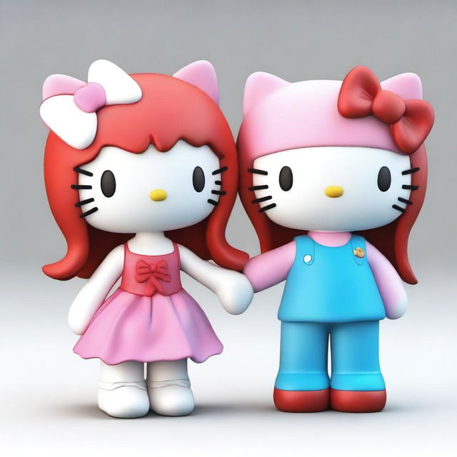 This is a high-quality 3D rendered image featuring a girl and boy Hello Kitty character holding hands