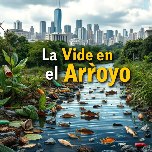 A thought-provoking book cover for a story titled 'La Vida en el Arroyo', depicting the stark reality of an urban stream suffering from constant pollution