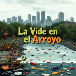 A thought-provoking book cover for a story titled 'La Vida en el Arroyo', depicting the stark reality of an urban stream suffering from constant pollution