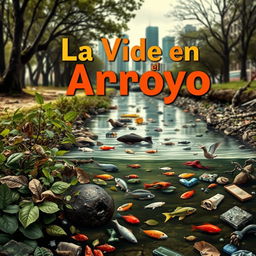 A thought-provoking book cover for a story titled 'La Vida en el Arroyo', depicting the stark reality of an urban stream suffering from constant pollution