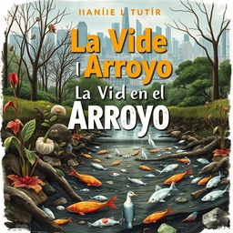 A thought-provoking book cover for a story titled 'La Vida en el Arroyo', depicting the stark reality of an urban stream suffering from constant pollution
