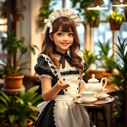 A charming girl in a delightful maid cosplay outfit, featuring a frilly black and white dress with lace details and a cute white apron